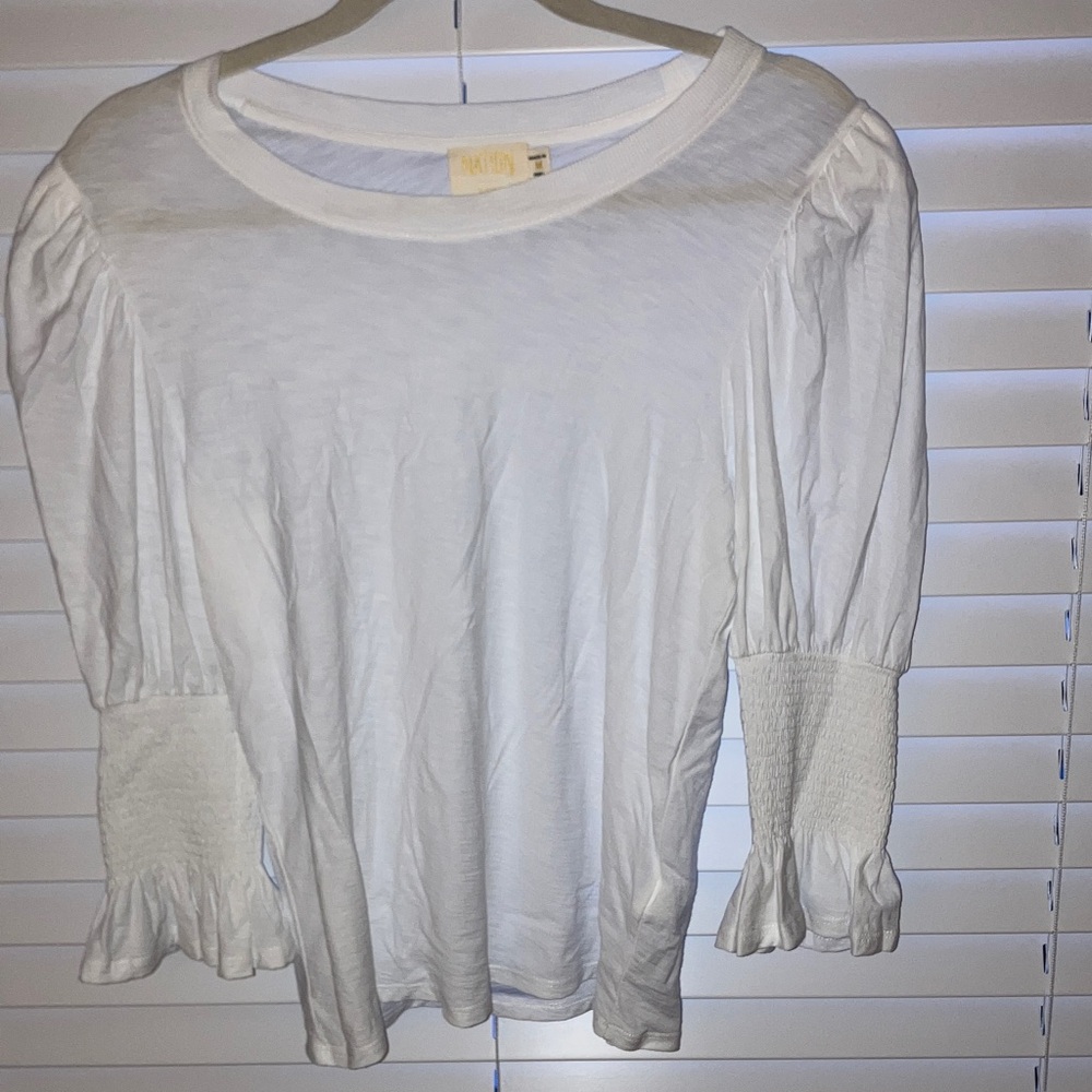 Nation LTD White Puff-Sleeve Smocked Cuff Long Sleeve Tee